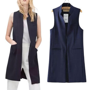 NWT ZARA Sz XS Long Line Vest Sleeveless Blazer Dark Blue Pockets